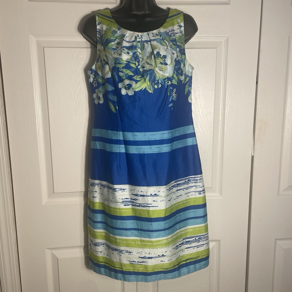 Chetta B Striped Floral‎ Sheath Dress Women 8 Blue Yellow Sleeveless Officewear